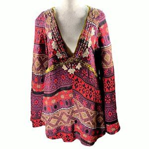 Free People Tunic Sweater Multicolor Knit Pullover V Neck Bell Sleeve Flared M
